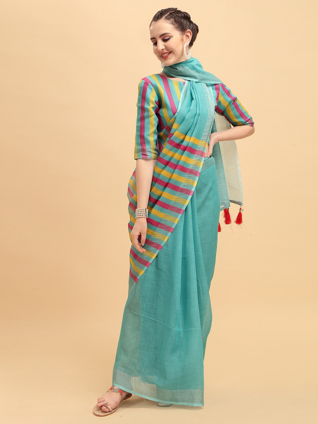 

Sangria Turquoise Blue & Yellow Striped Pure Linen Saree