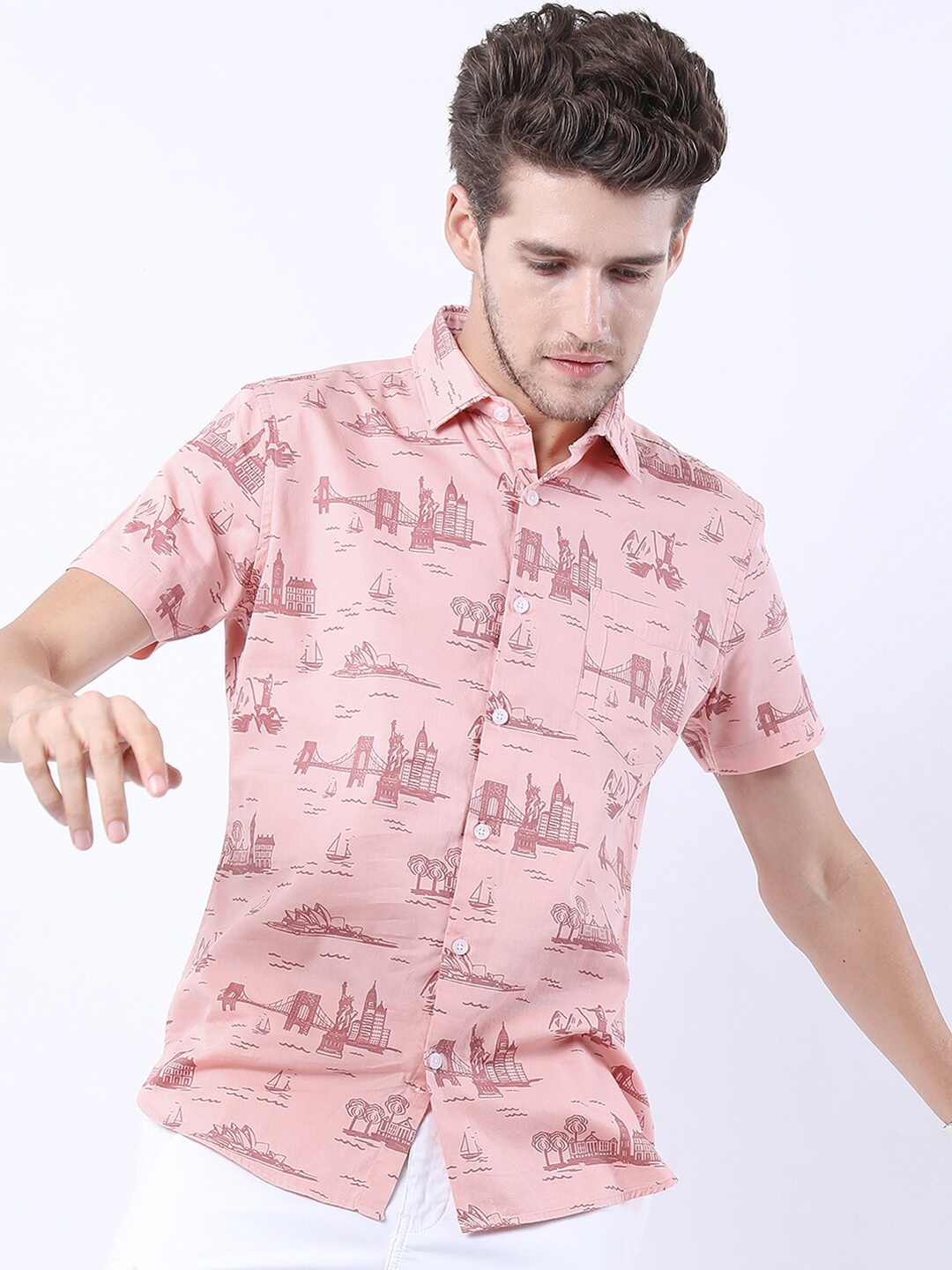 

HIGHLANDER Men Peach-Coloured Slim Fit Printed Casual Shirt