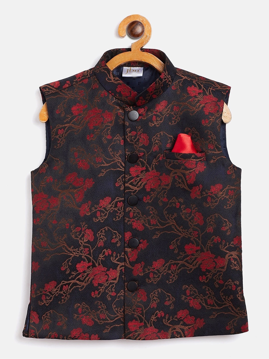 

VASTRAMAY Boys Maroon & Black Woven-Design Nehru Jackets