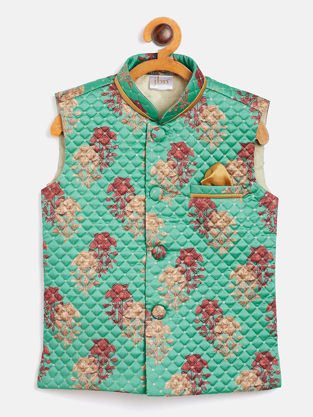 

VASTRAMAY Boys Green & Beige Printed Sequinned Nehru Jacket with Pocket Square