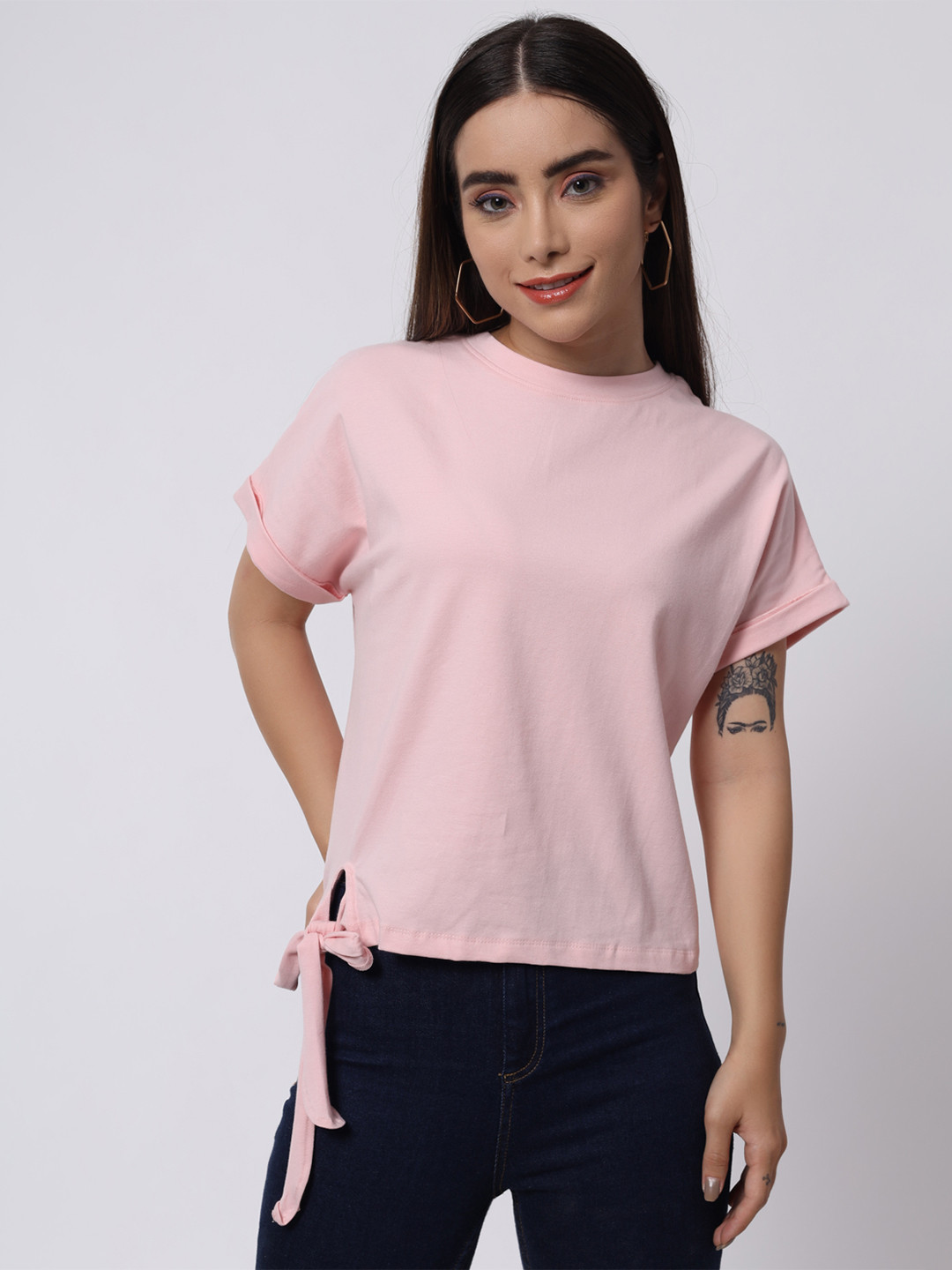 

KEIKO Women Pink Solid Print Waist Tie-Up Top