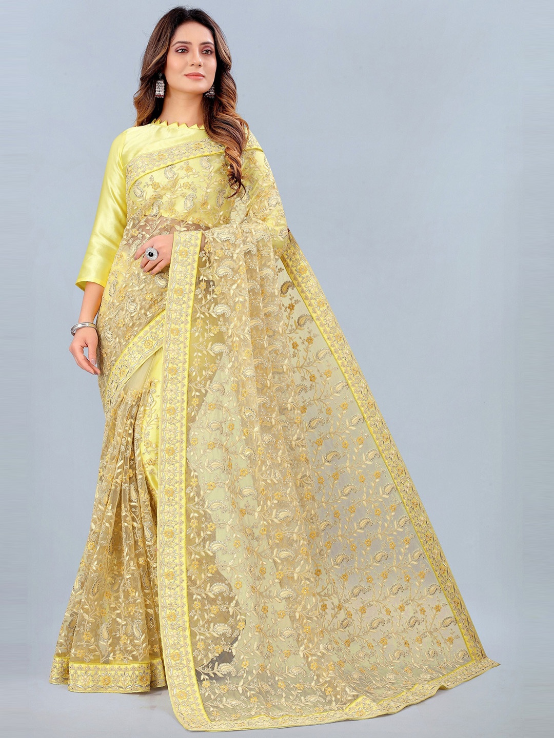 

ASPORA Yellow Paisley Beads and Stones Net Heavy Work Saree