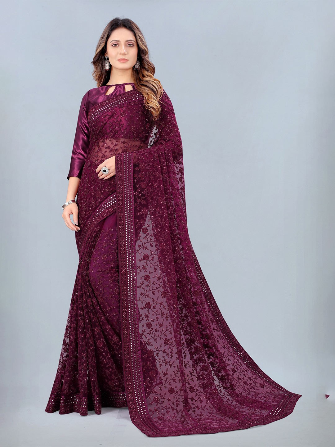 

ASPORA Purple & White Floral Beads and Stones Net Heavy Work Saree