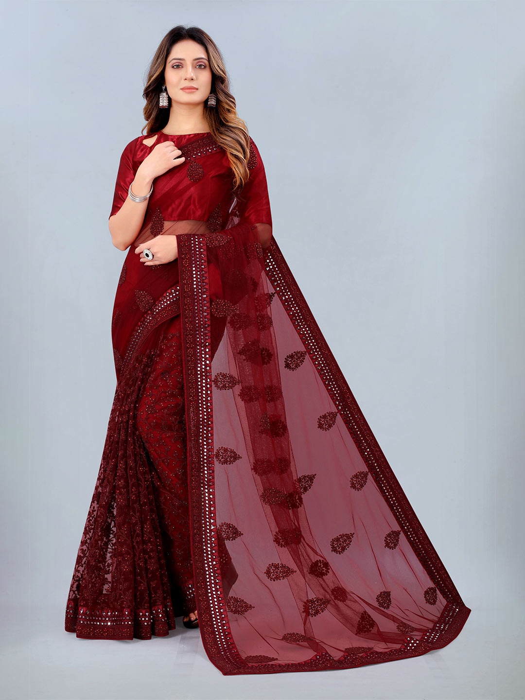 

ASPORA Maroon Floral Beads and Stones Net Heavy Work Saree