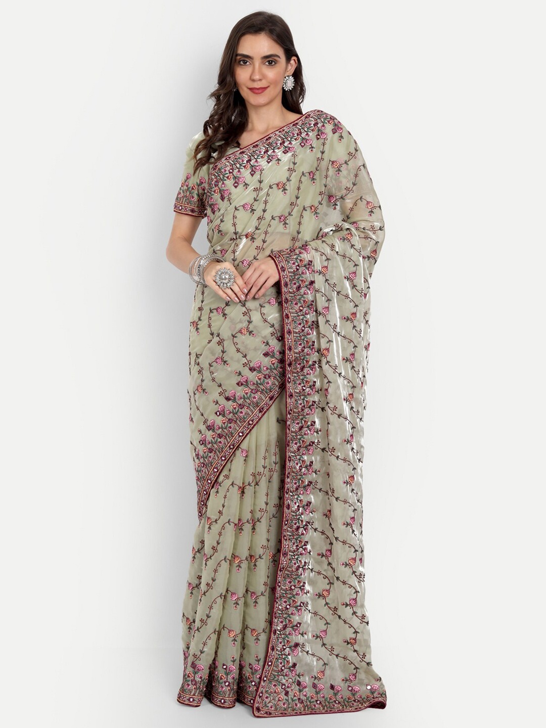 

ASPORA Green & Pink Floral Mirror Work Organza Saree