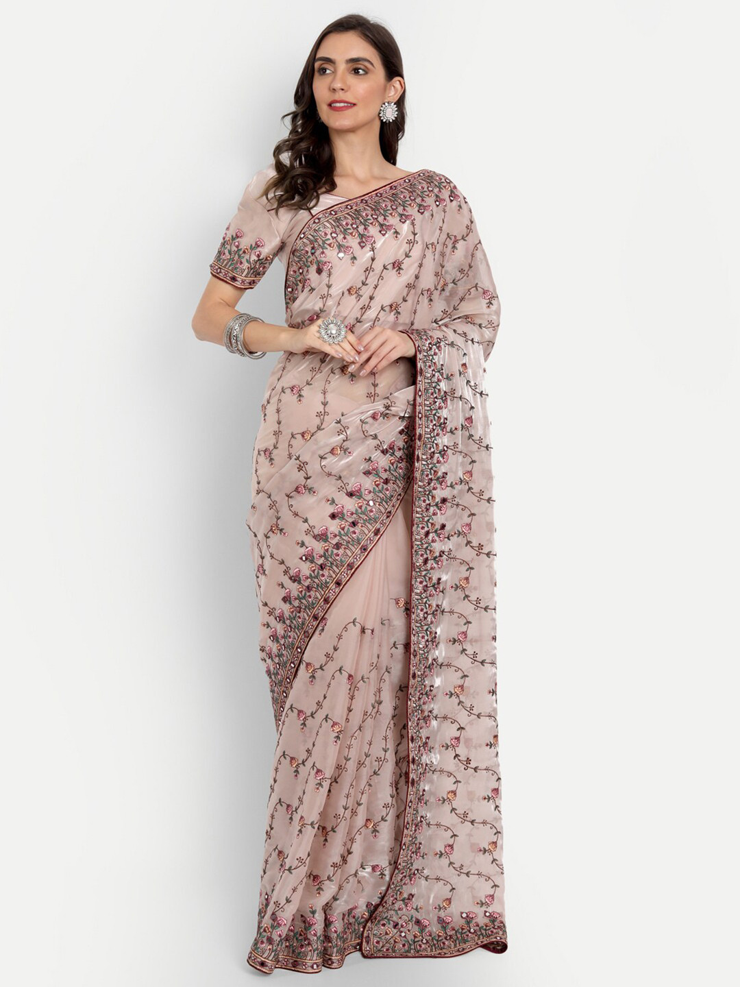 

ASPORA Brown Floral Mirror Work Organza Saree