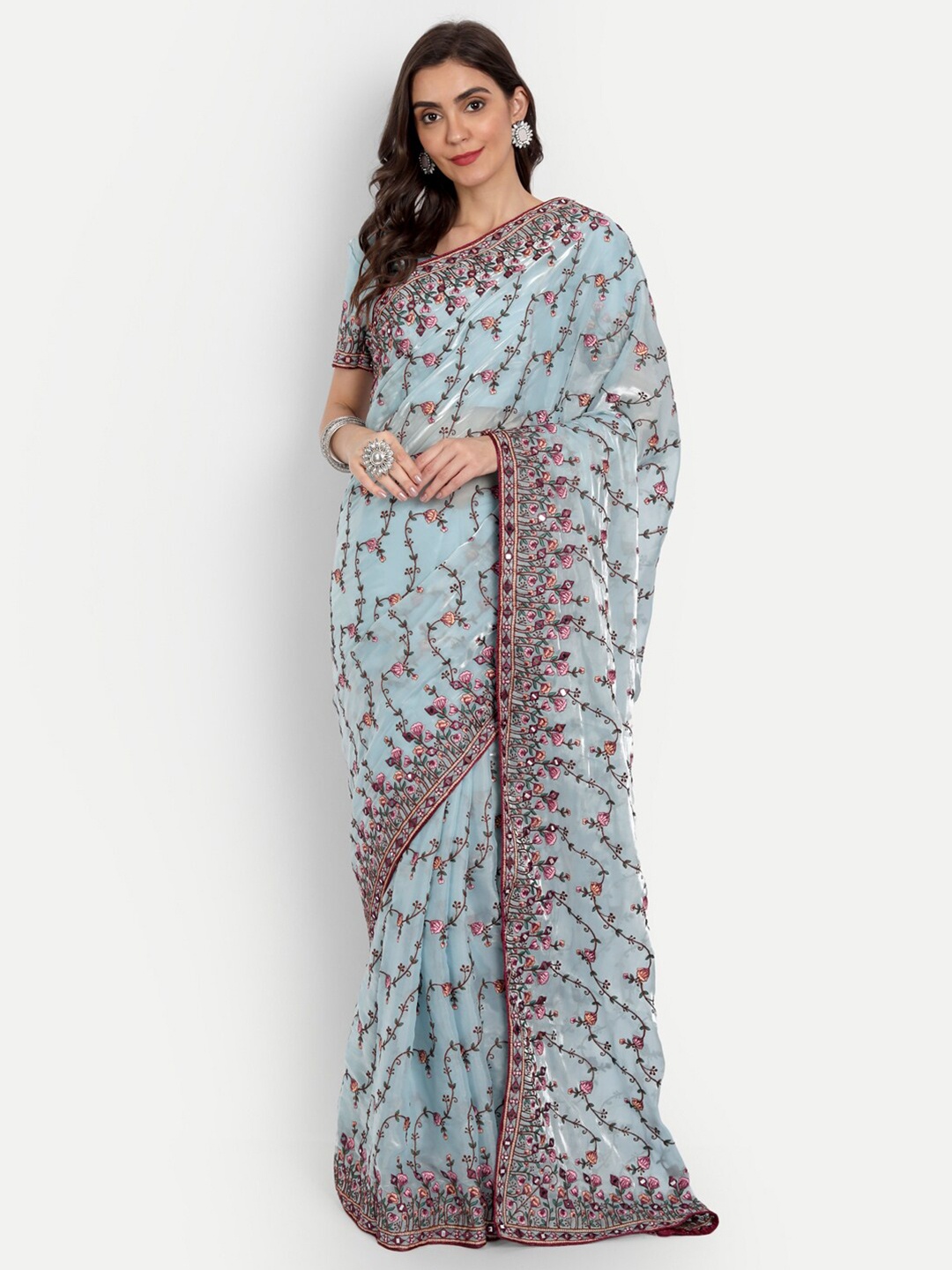 

ASPORA Powder Blue & Pink Floral Mirror Work Embroidered Floral Organza Saree