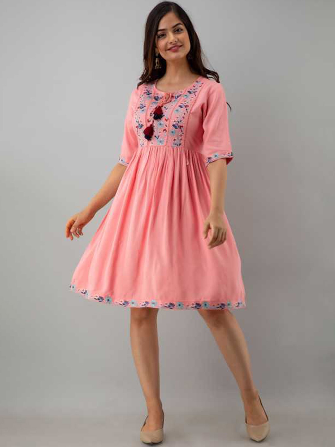 

Sangria Women Pink Floral Embroidered Tie-Up Neck A-Line Dress