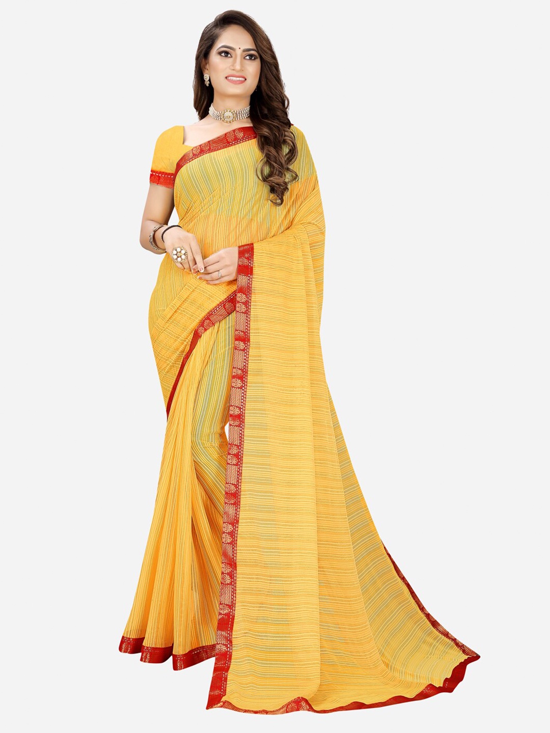 

SAADHVI Yellow & Red Woven Design Zari Silk Cotton Mysore Silk Saree