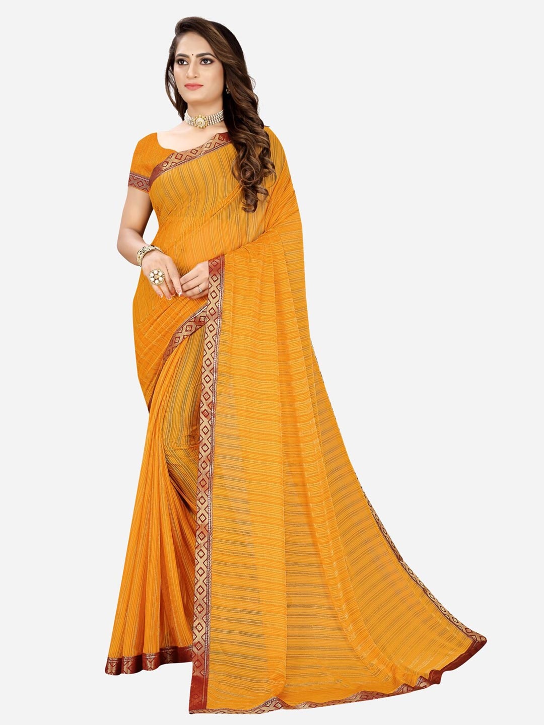

SAADHVI Mustard & Gold-Toned Woven Design Zari Silk Cotton Mysore Silk Saree