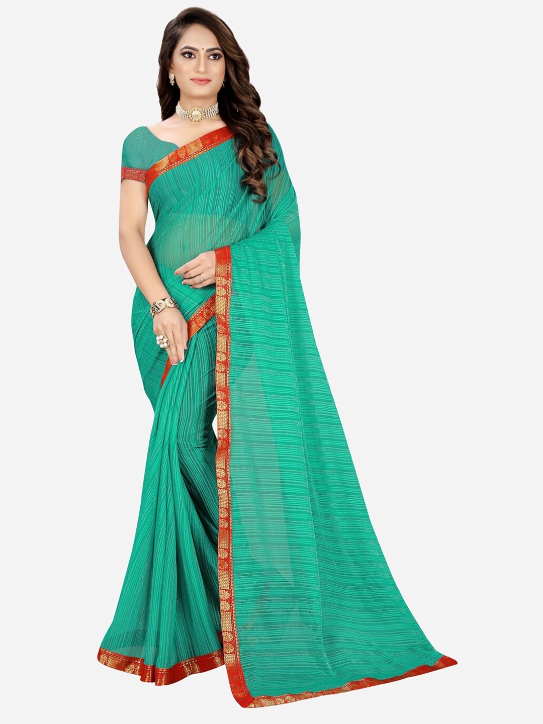 

SAADHVI Women Teal & Red Woven Design Zari Silk Cotton Mysore Silk Saree