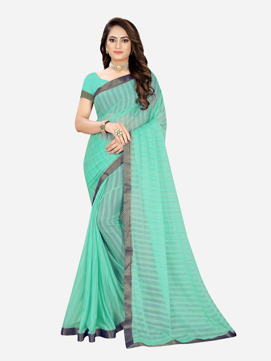 

SAADHVI Sea Green & Blue Striped Silk Cotton Mysore Silk Saree