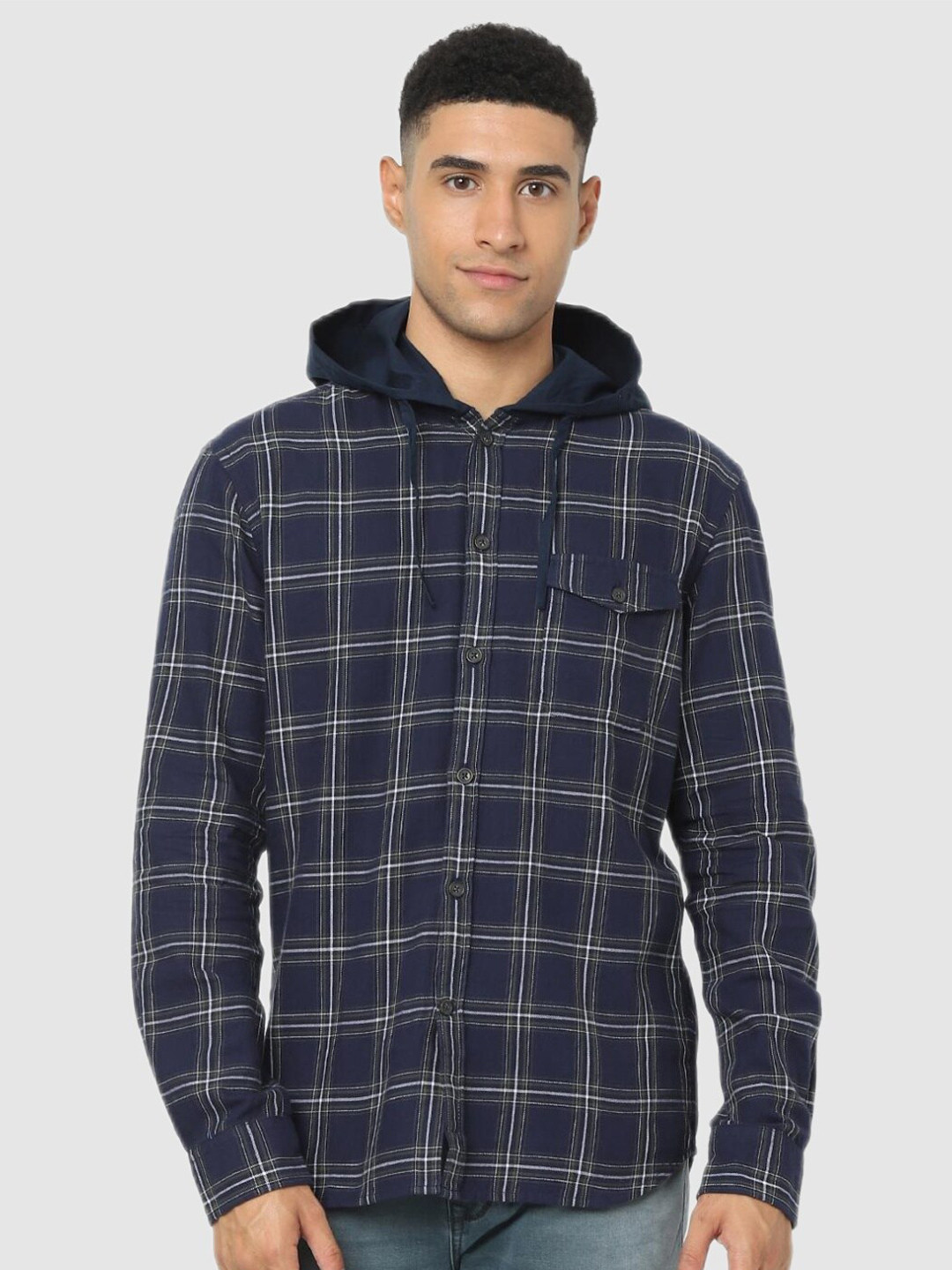 

Celio Men Navy Blue Classic Checked Hooded Casual Shirt
