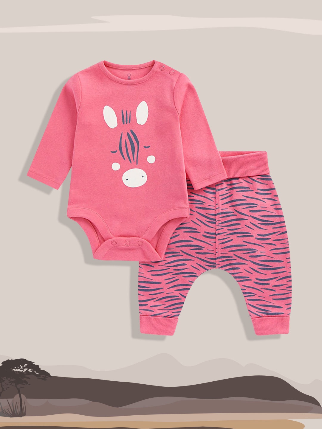 

mothercare Infant Girls Magenta Pink & Navy Blue Printed Organic Cotton Bodysuit & Joggers