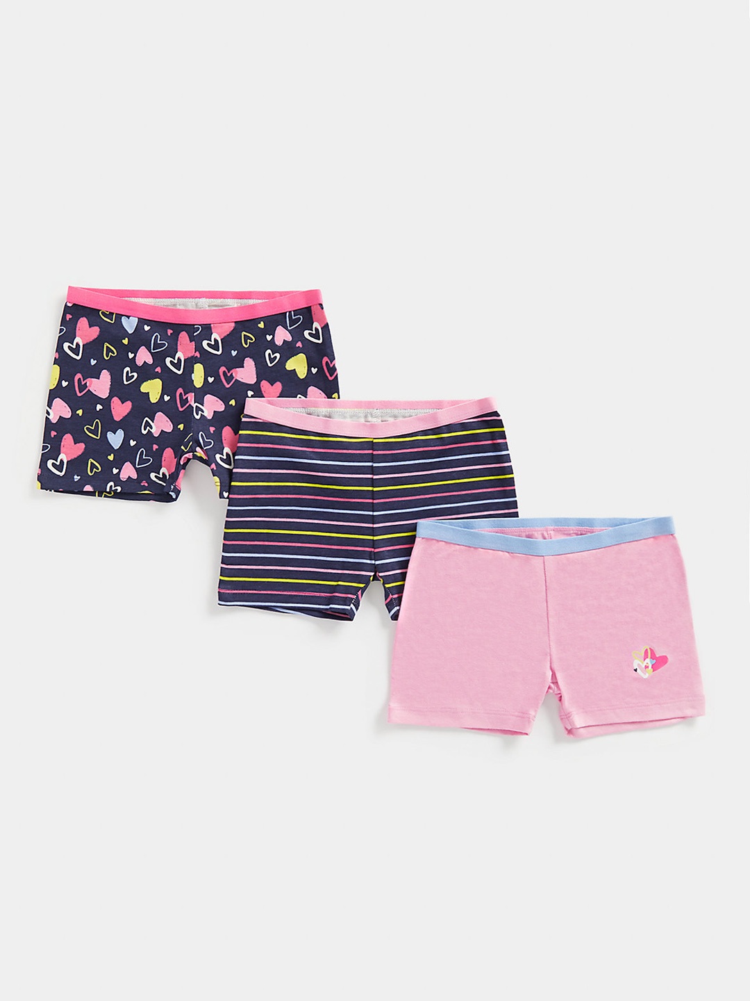 

mothercare Infant Girls Pink & Navy Blue Pack Of 3 Printed & Striped Mid-Rise Short Briefs