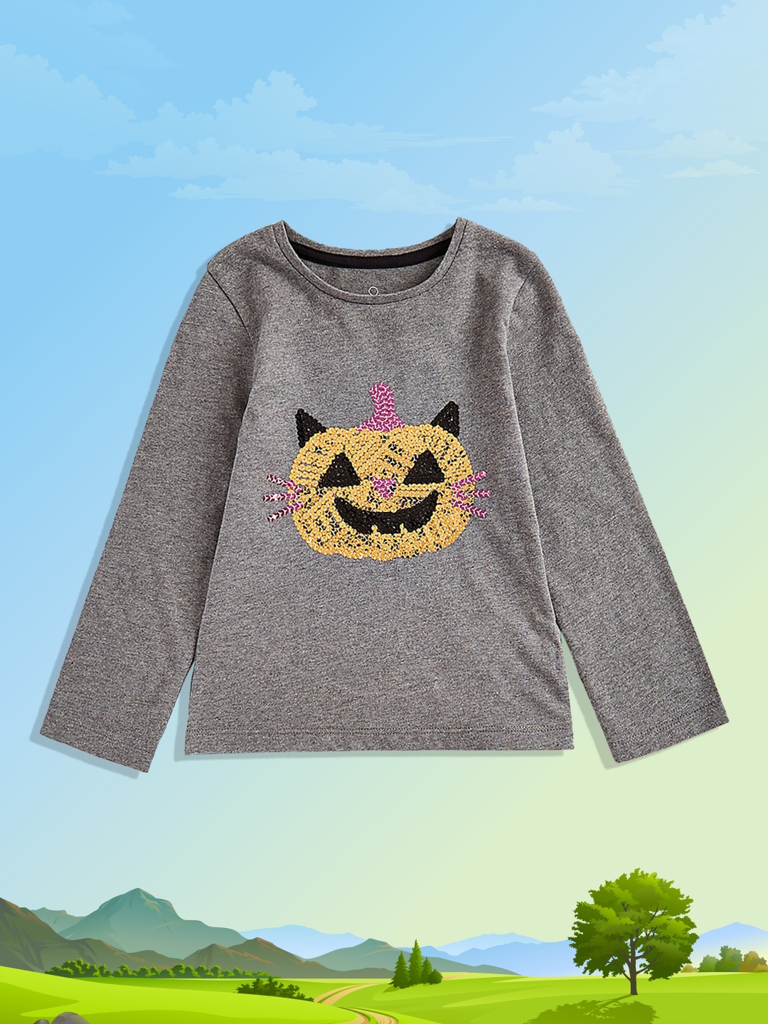 

mothercare Girls Grey Embellished Halloween Design Pure Cotton Regular Top