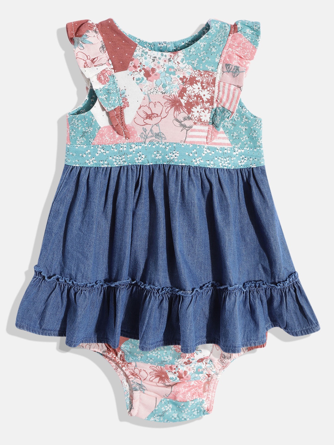 

mothercare Infant Girls Blue Floral Tiered Cotton Chambray Fit & Flare Dress Briefs