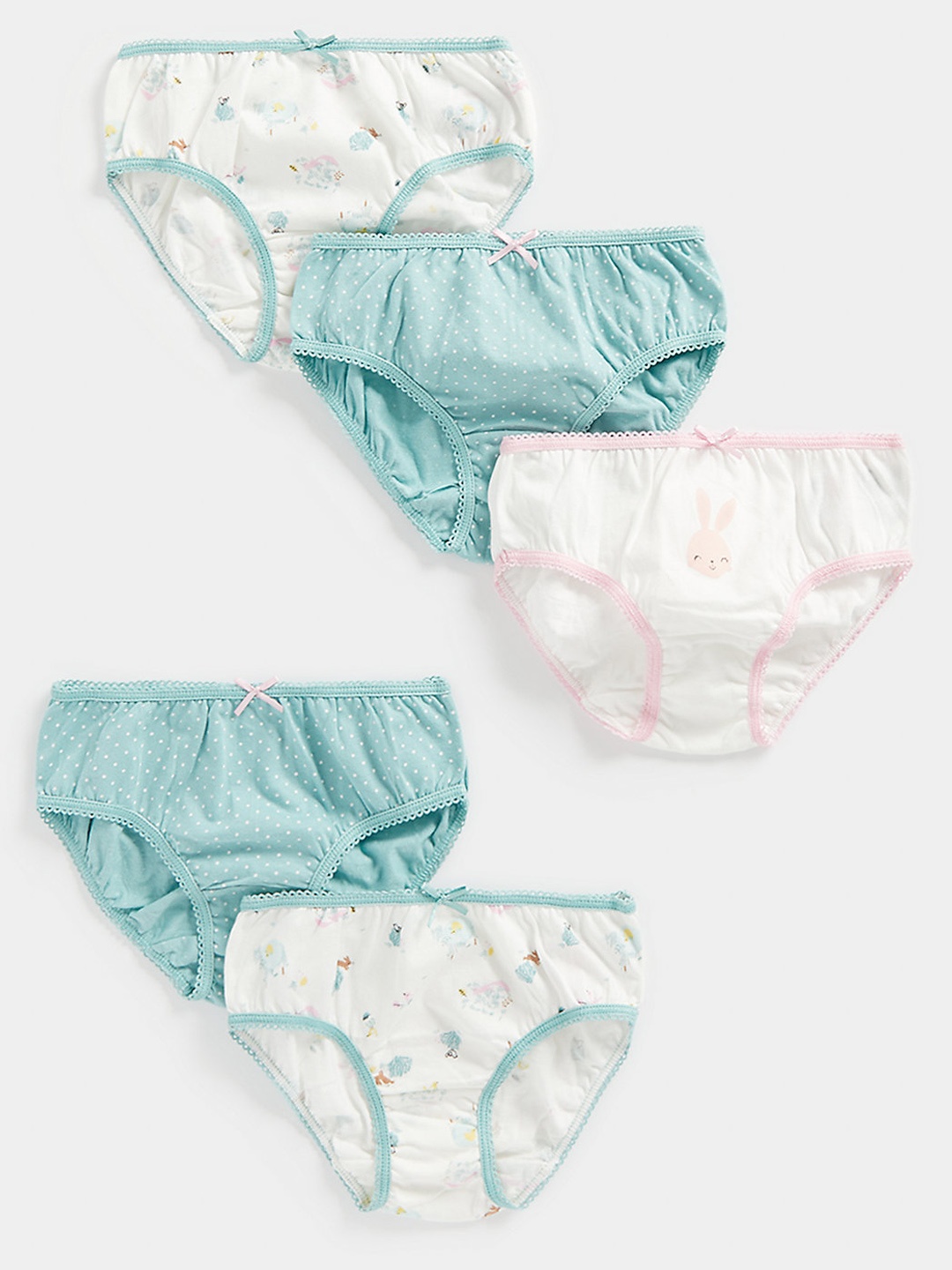 

mothercare Infant Girls Teal Green & White Pack Of 5 Printed Mid-Rise Pure Cotton Briefs