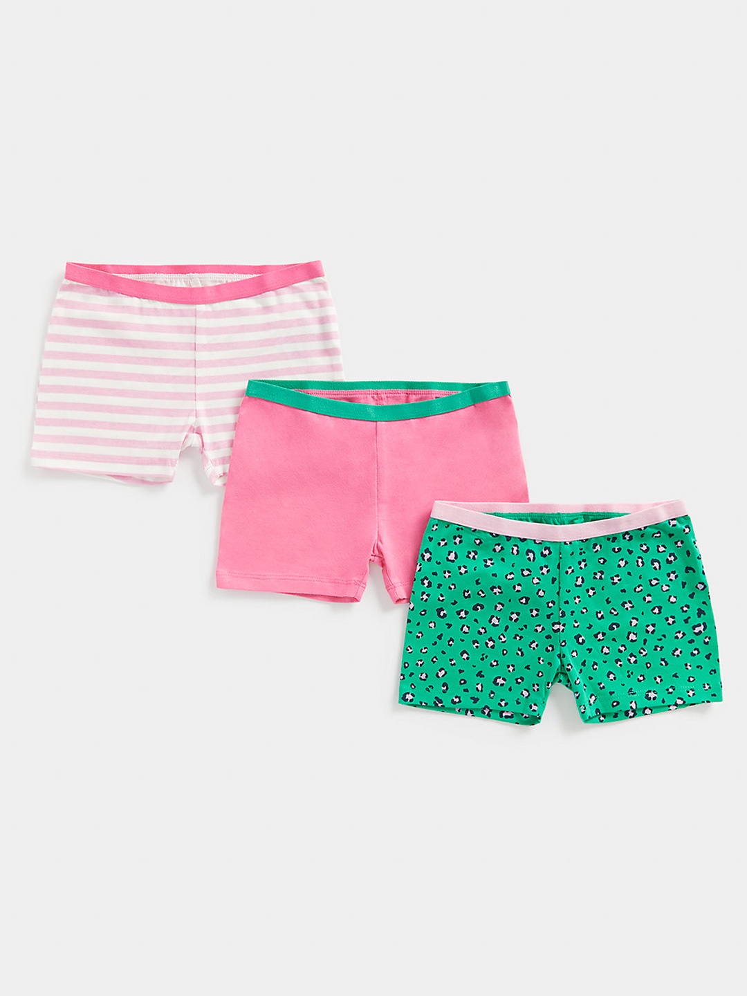 

mothercare Infant Girls Pink & Green Pack Of 3 Striped & Printed Mid-Rise Short Briefs