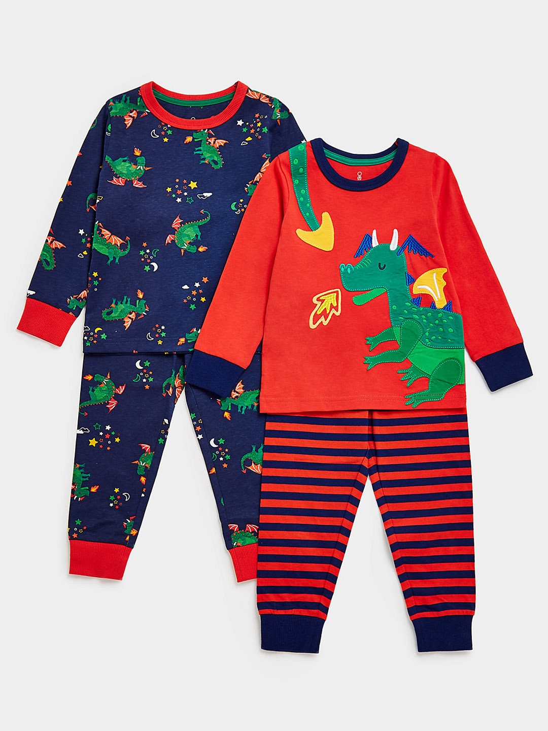 

mothercare Boys Set Of 2 Self Design Applique & Printed Pure Cotton T-shirts with Joggers, Red