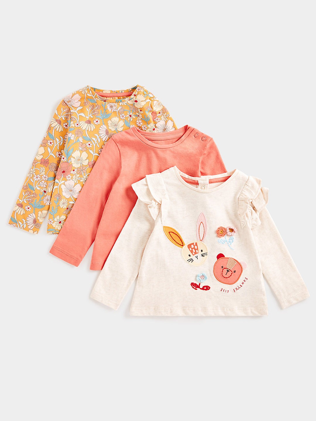

mothercare Infant Girls Pack Of 3 Pure Cotton Printed T-shirts, Beige