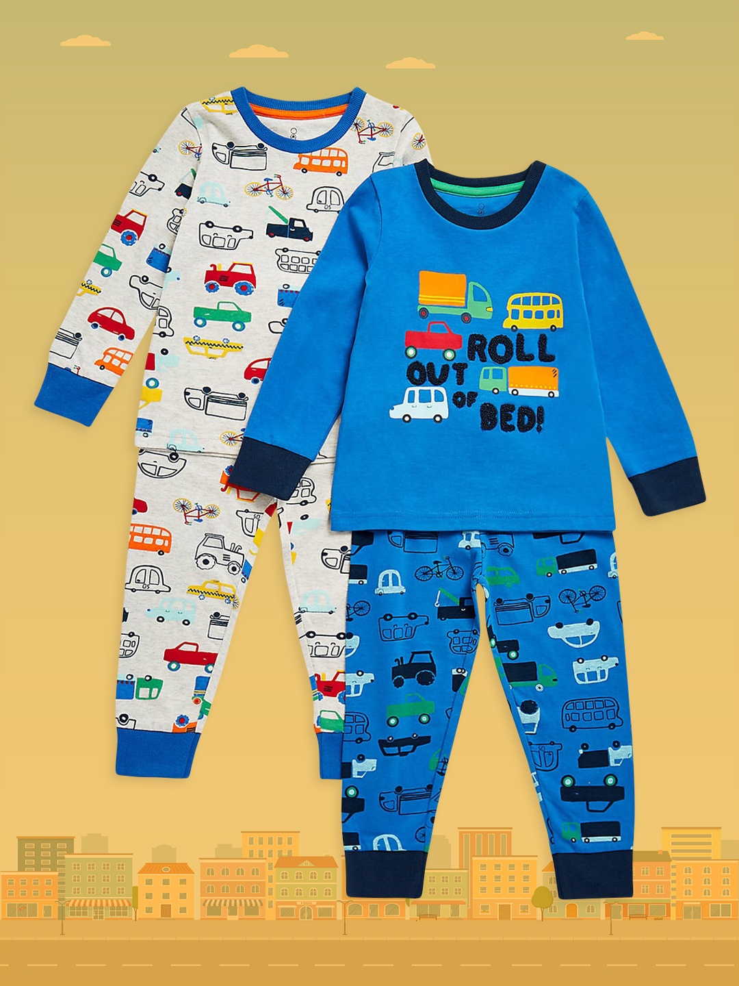 

mothercare Infant Boys Pack of 2 Printed Pure Cotton T-shirt with Joggers in Grey & Blue