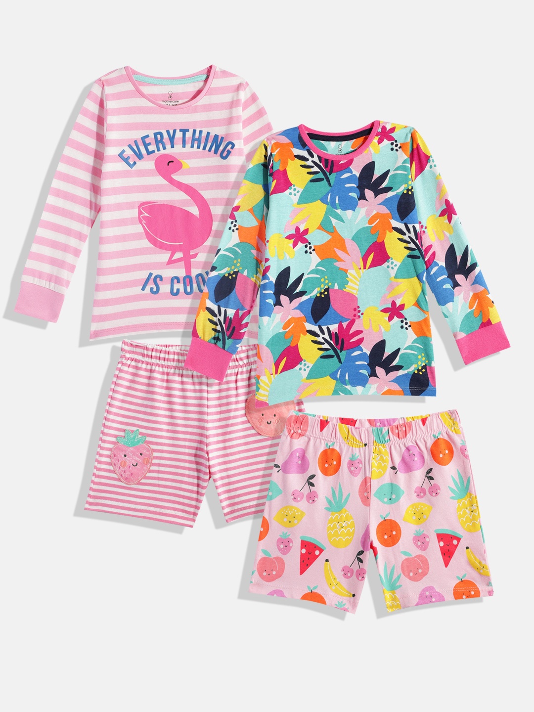 

mothercare Girls Set of 2 Pure Cotton Printed Tops with Shorts, Pink