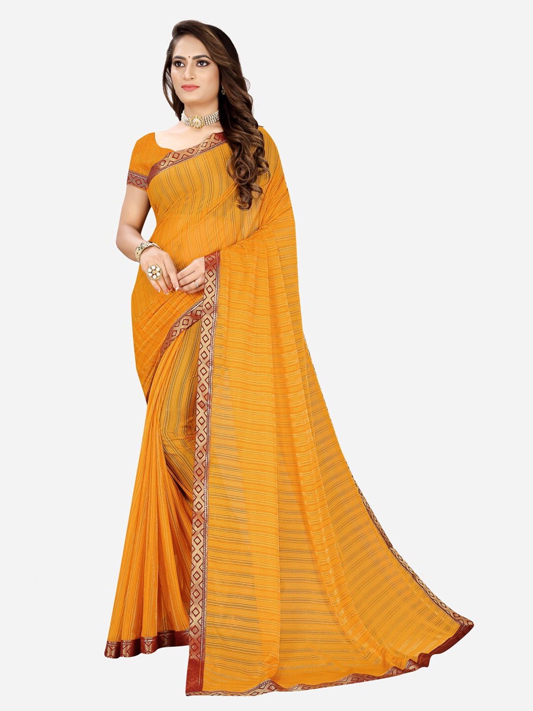 

KALINI Women Mustard & Gold-Toned Woven Design Zari Silk Cotton Mysore Silk Saree