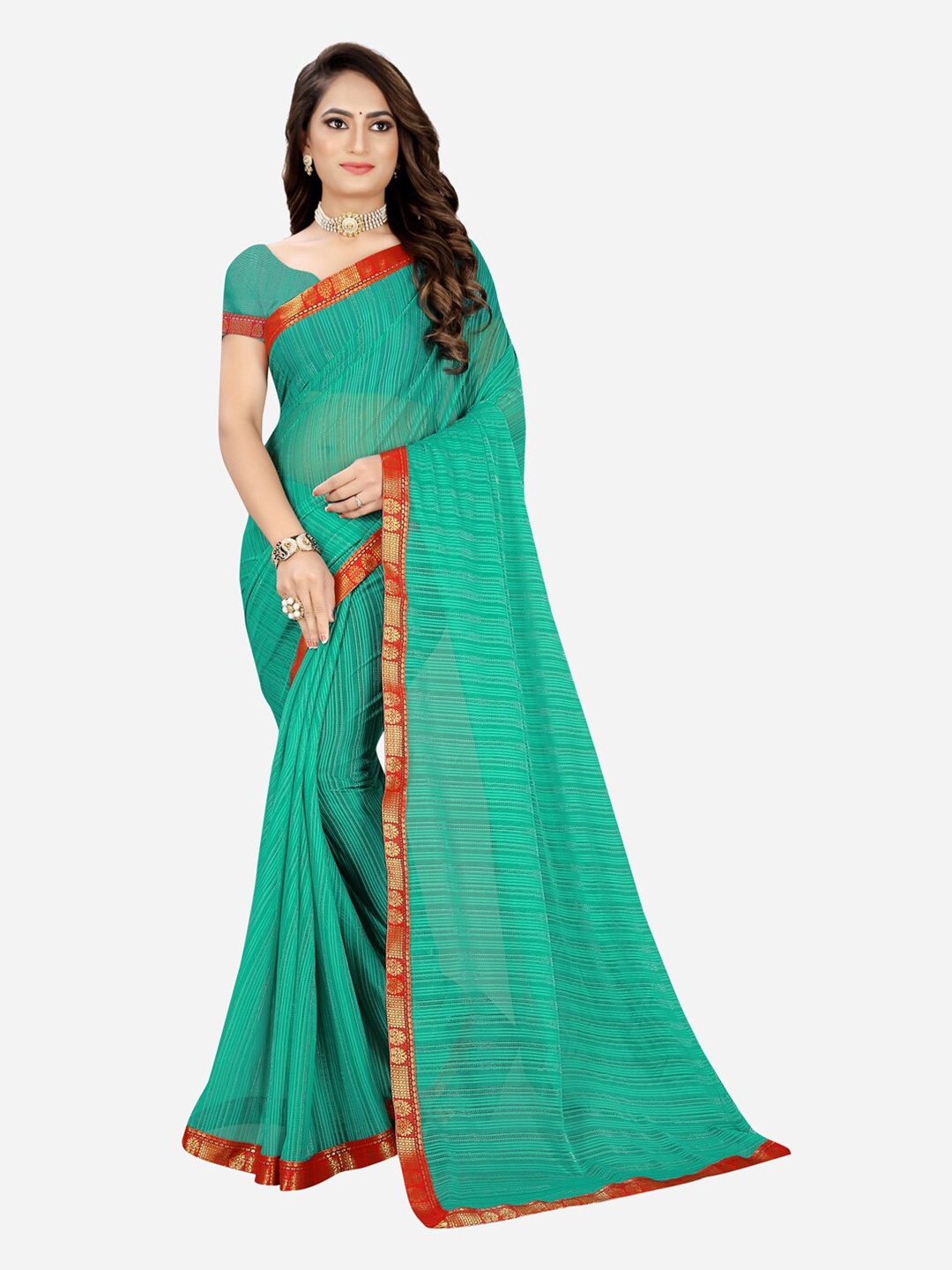 

KALINI Teal & Red Woven Design Silk Cotton Mysore Silk Saree