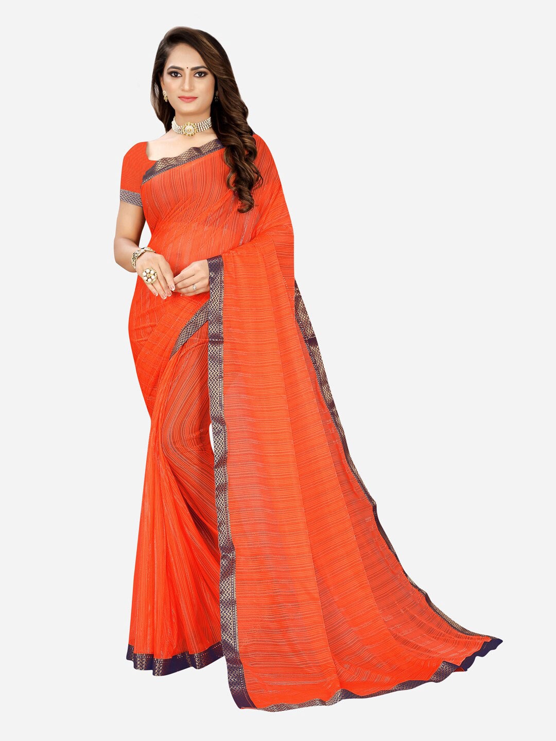 

KALINI Orange & Silver-Toned Woven Design Silk Cotton Mysore Silk Saree