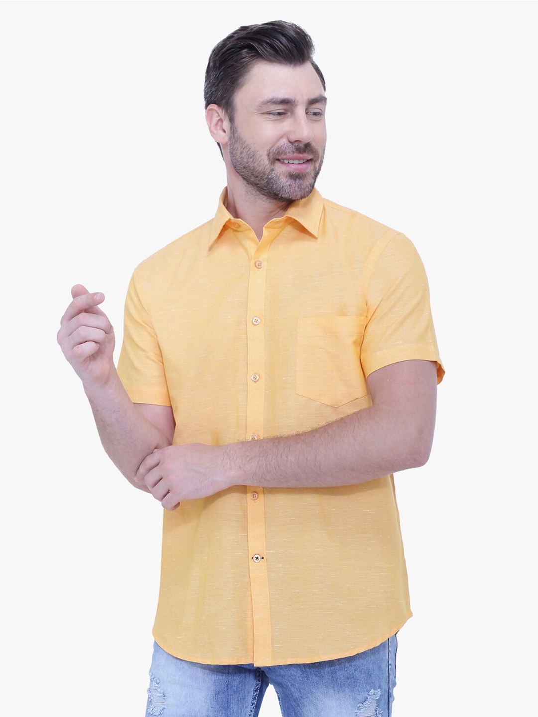 

Southbay Men Yellow Self Design Smart Tailored Fit Shirt