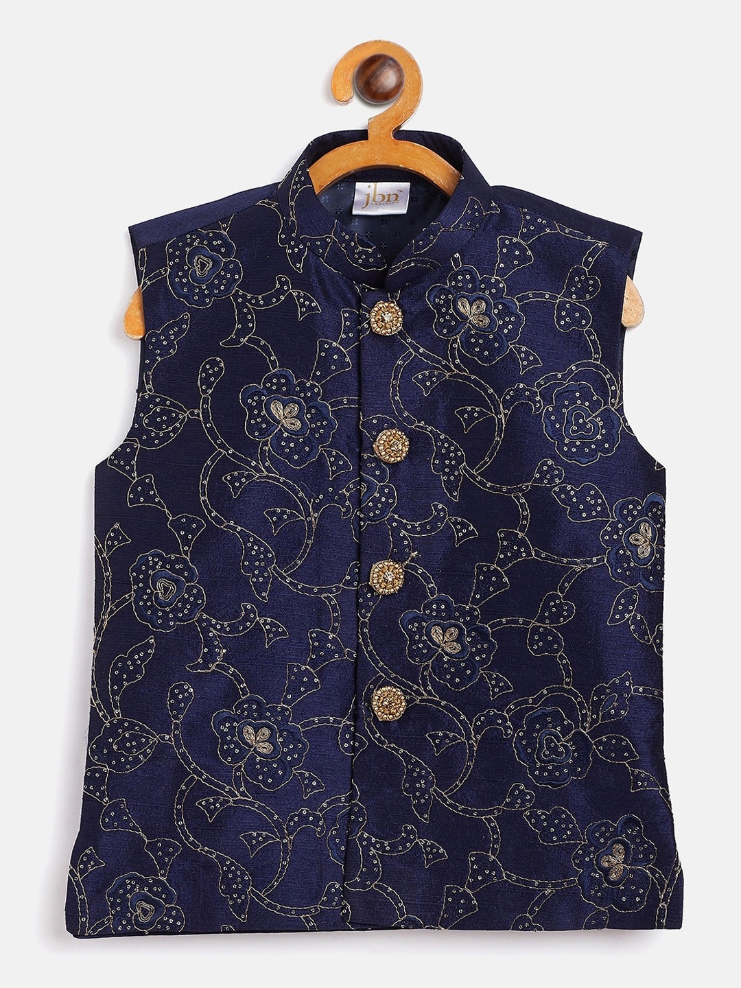 

VASTRAMAY Boys Navy Blue Silk Blend Embroidered Nehru Jacket
