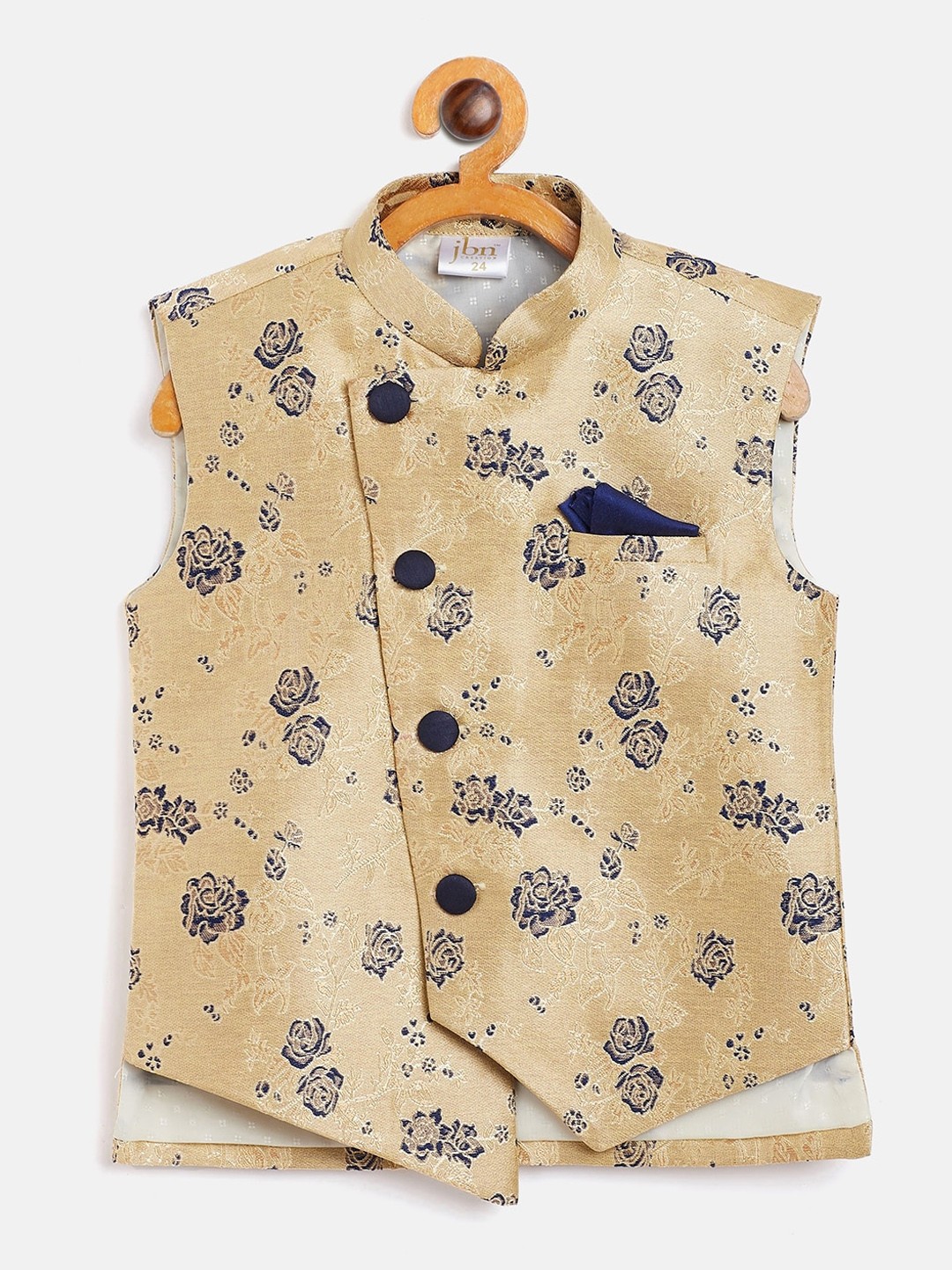

VASTRAMAY Boys Beige & Navy blue Woven Design Slim-Fit Nehru Jackets