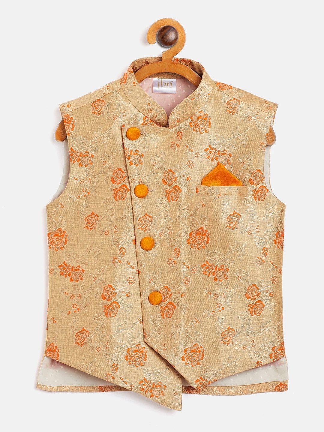 

VASTRAMAY Boys Orange Floral Print Silk Blend Nehru Jacket, Gold