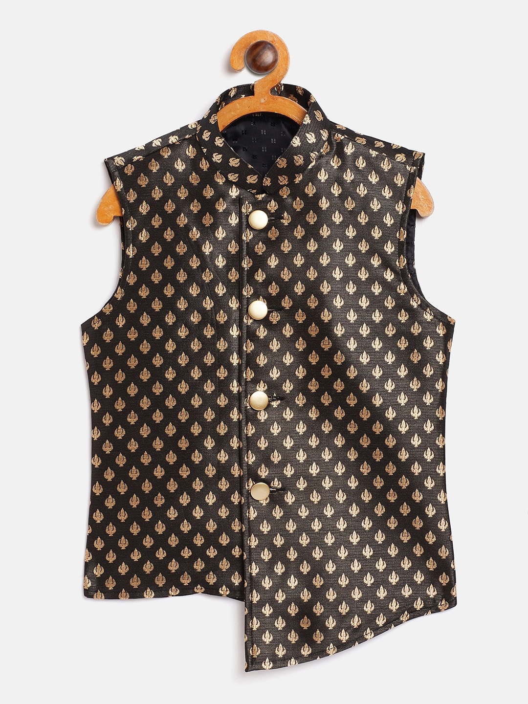 

VASTRAMAY Boys Black & Gold-Coloured Woven-Design Nehru Jackets