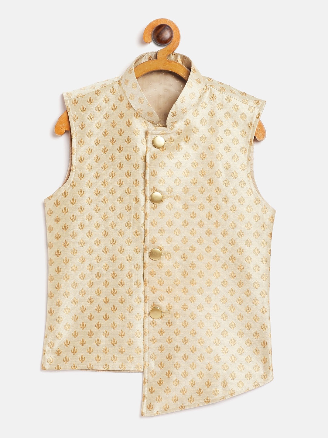 

VASTRAMAY Boys Cream and Gold Coloured Woven Design Silk Blend Nehru Jacket