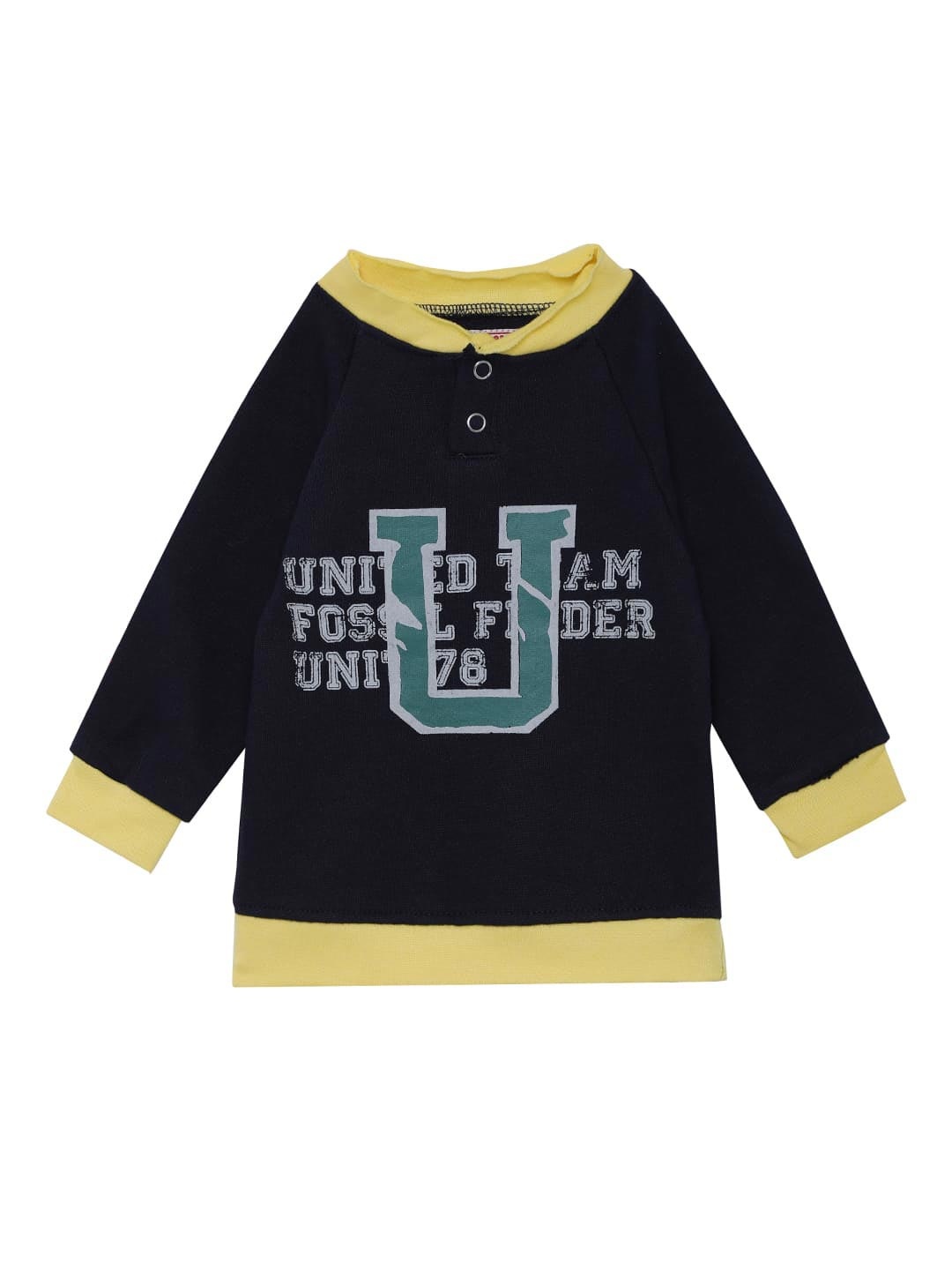 

UNDER FOURTEEN ONLY Boys Navy Blue Typography Printed Henley Neck Applique T-shirt