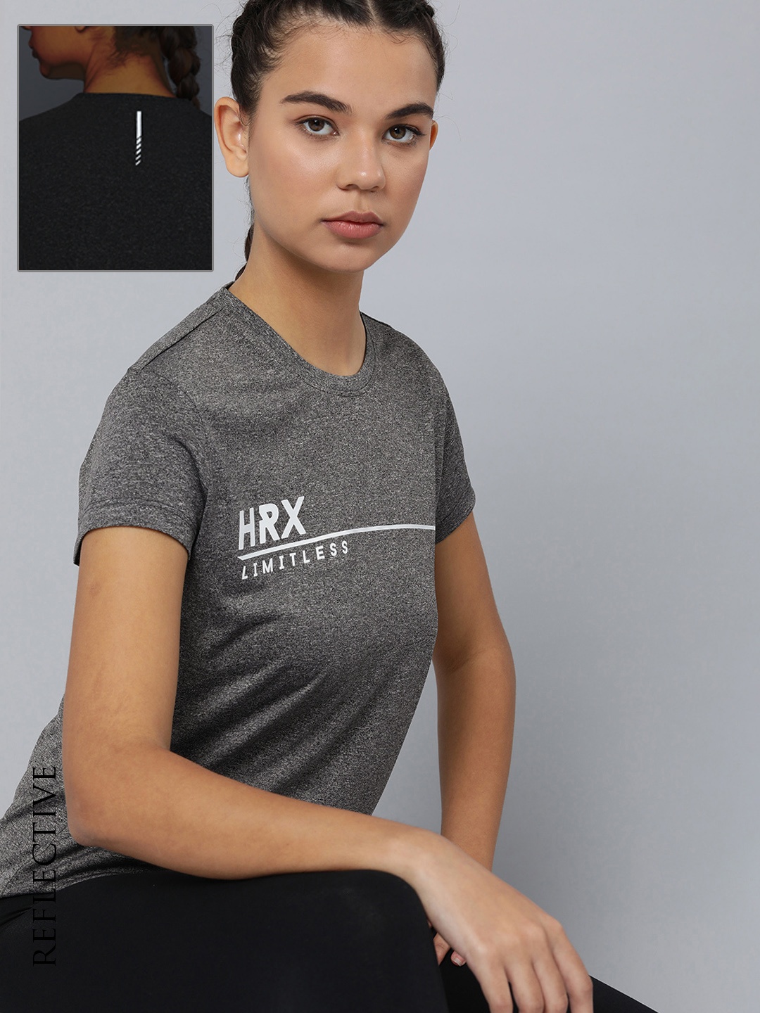 

HRX by Hrithik Roshan Women Charcoal Grey Melange Effect Logo Printed Running T-shirt
