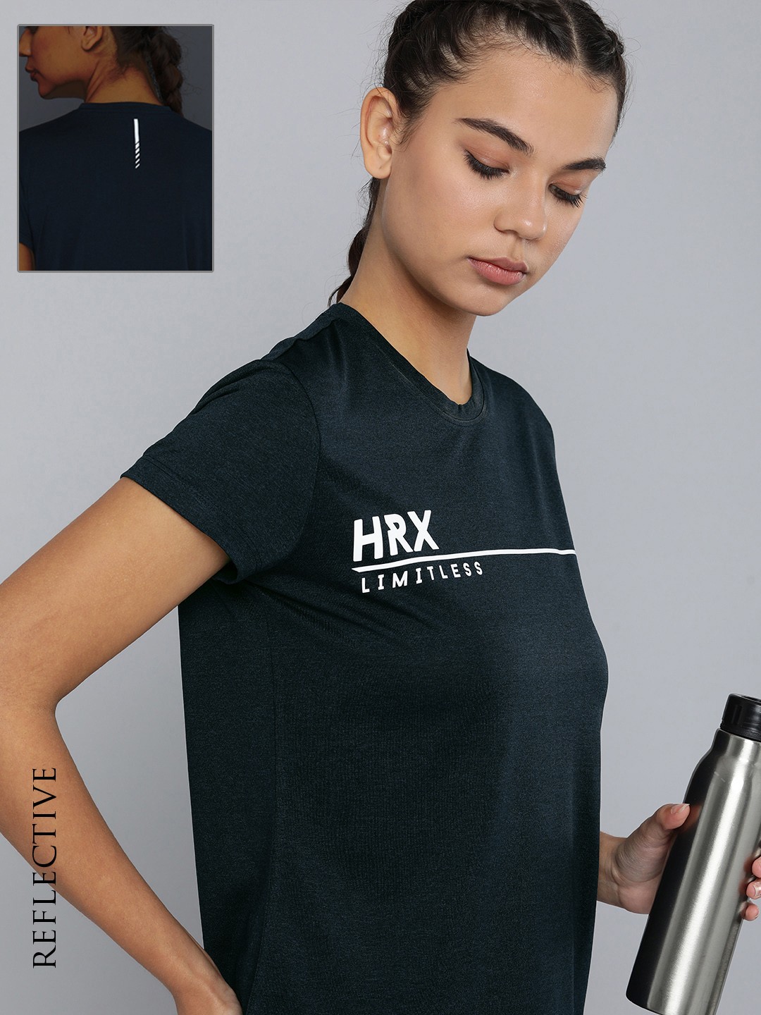 

HRX by Hrithik Roshan Women Navy Blue Printed Rapid-Dry T-shirt with Reflective Strips