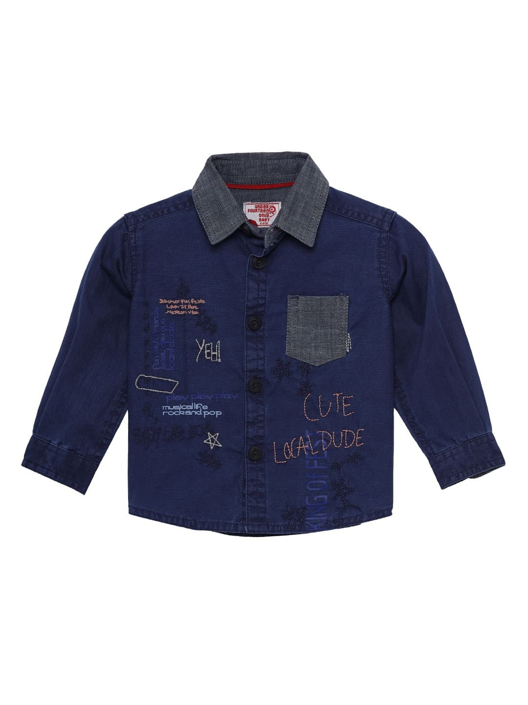 

UNDER FOURTEEN ONLY kids Boys Navy Blue Typography Printed and Embroidered Casual Shirt