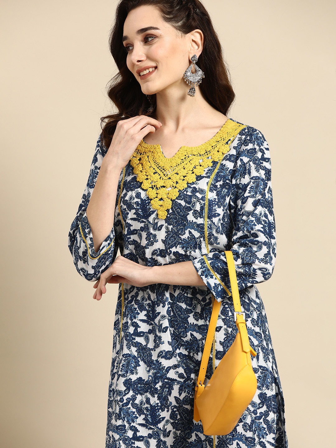 

Sangria Women Navy Blue Ethnic Motifs Embroidered Detail Cotton Kurta with Trousers