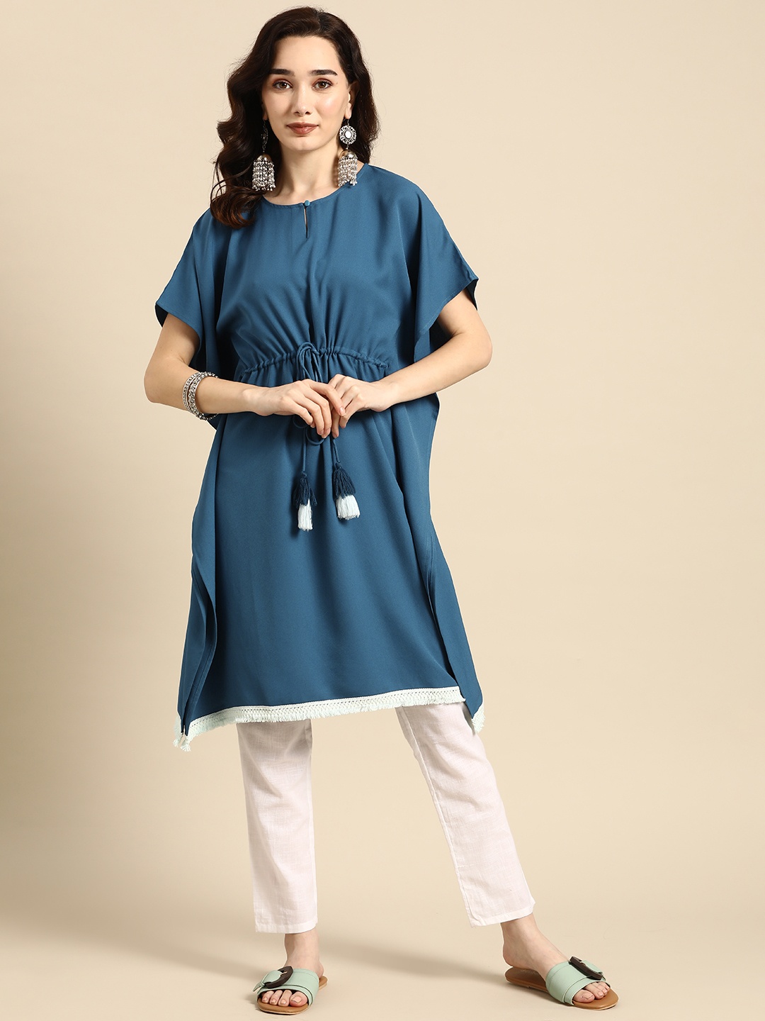 

Sangria Women Teal Blue Flared Sleeves Kaftan Kurta