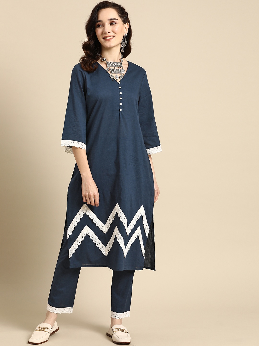 

Sangria Women Navy Blue Lace Detail Kurta with Trousers
