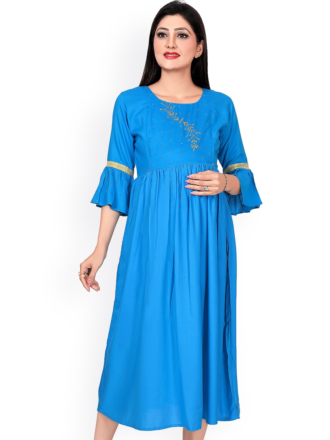 

Ayukti Women Turquoise Blue Thread Work Maternity Feeding with 2 Side Zippers Kurta
