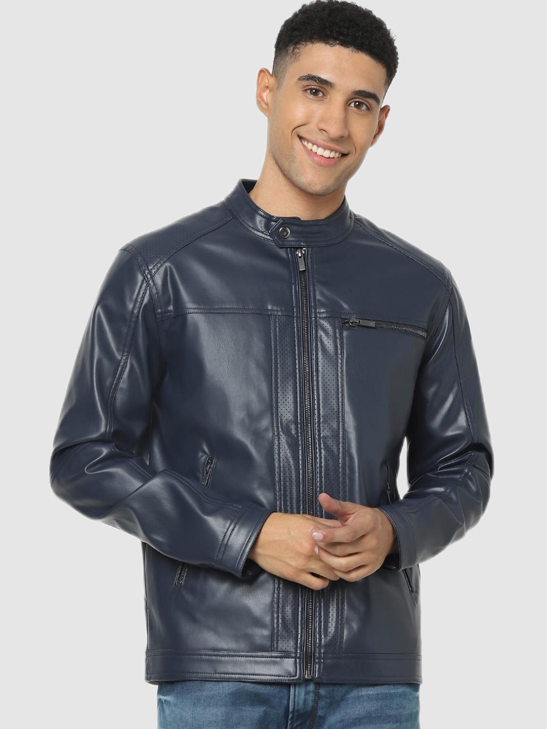 

Celio Men Navy Blue Biker Jacket