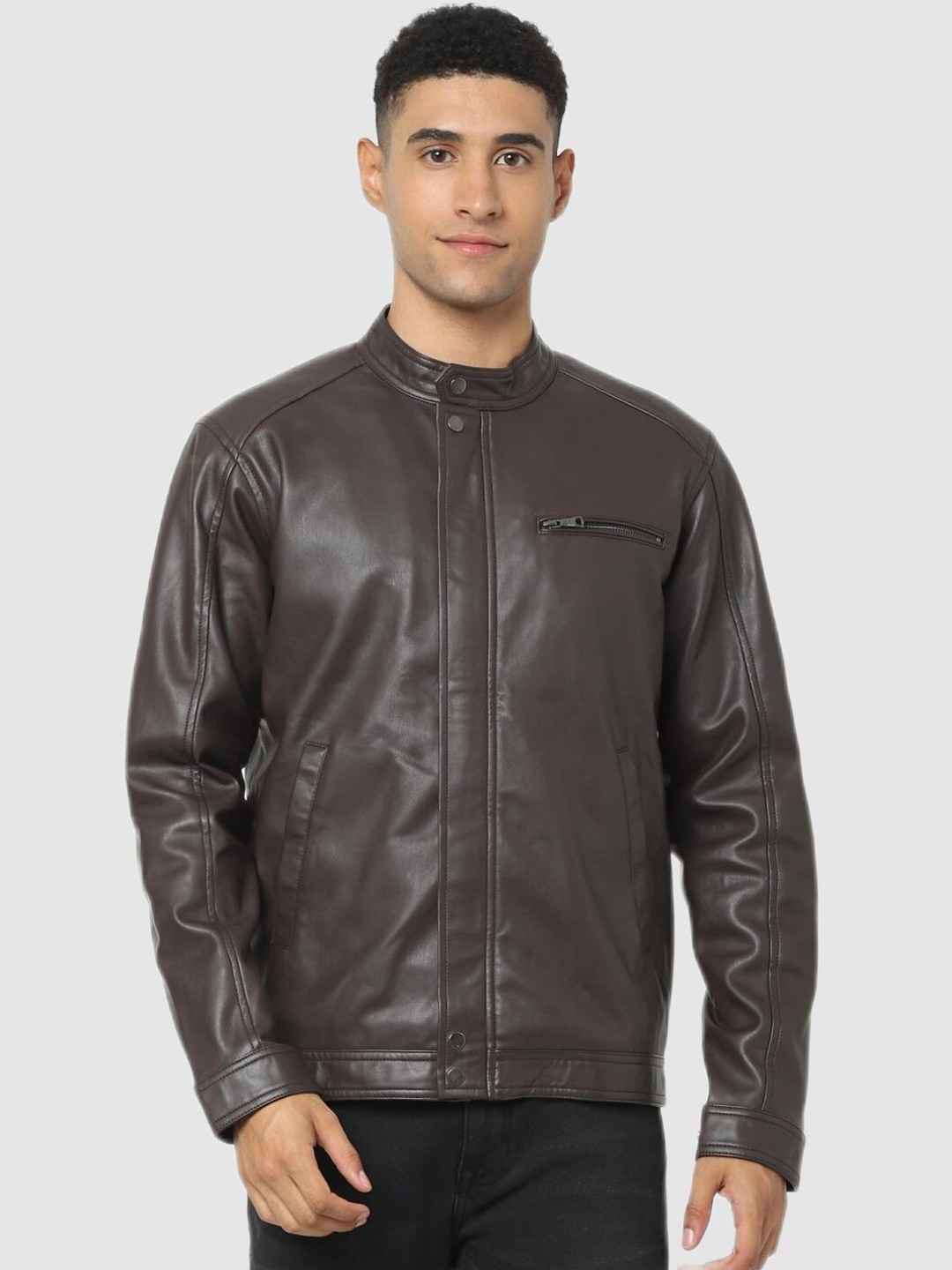 

Celio Men Coffee Brown Solid Biker Jacket