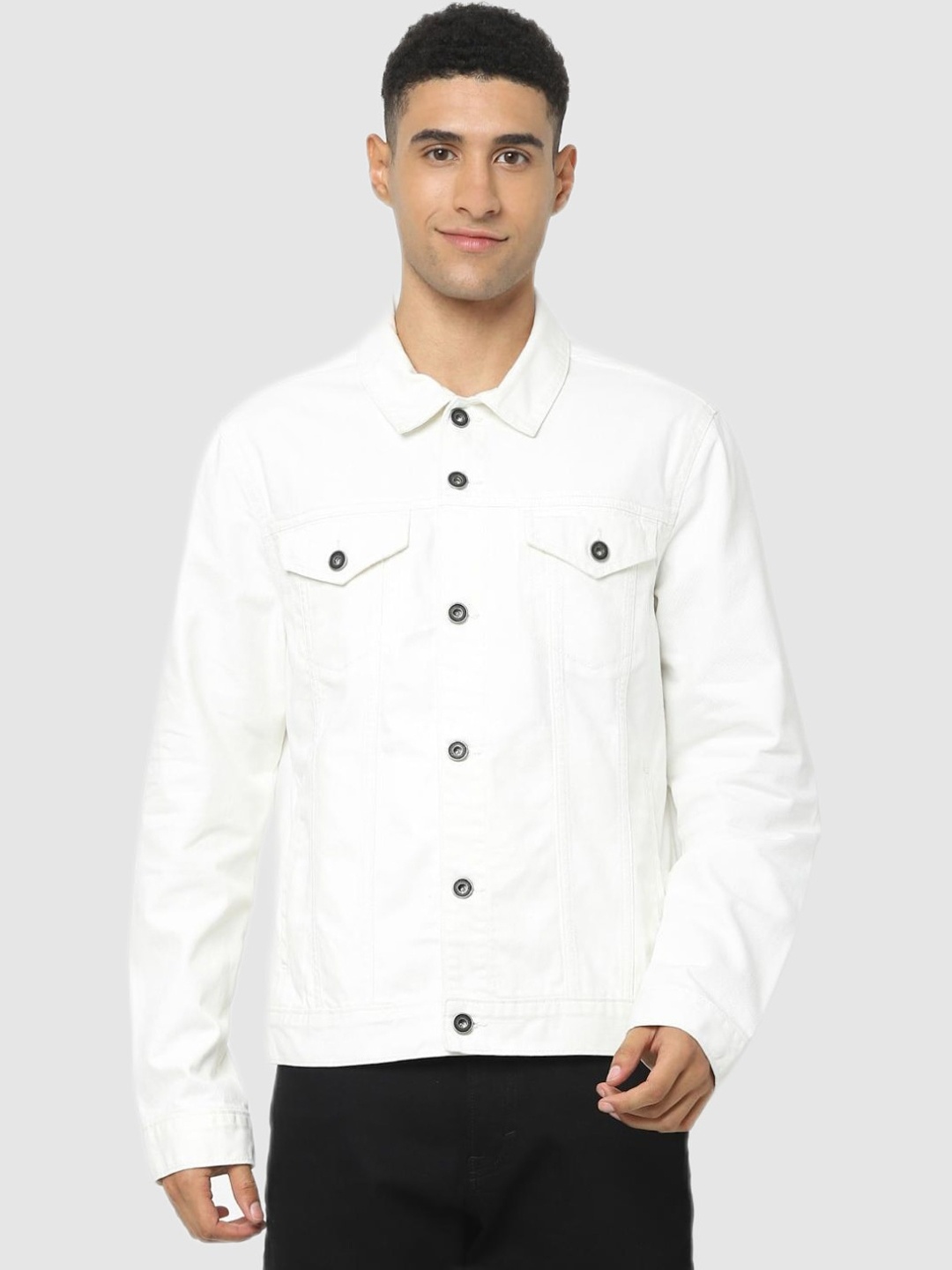 

Celio Men White Checked Denim Jacket with Embroidered