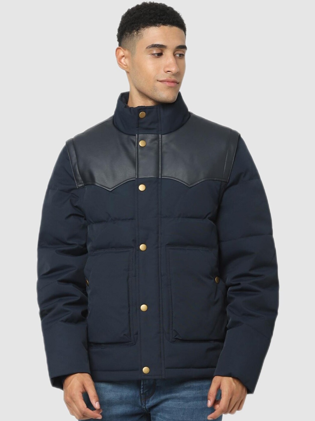 

Celio Men Navy Blue Puffer Jacket with Patchwork