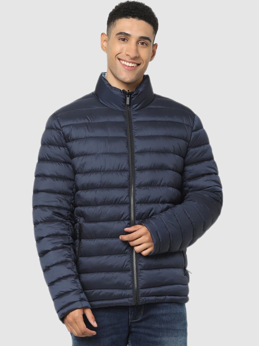 

Celio Men Blue Camouflage Striped Padded Jacket