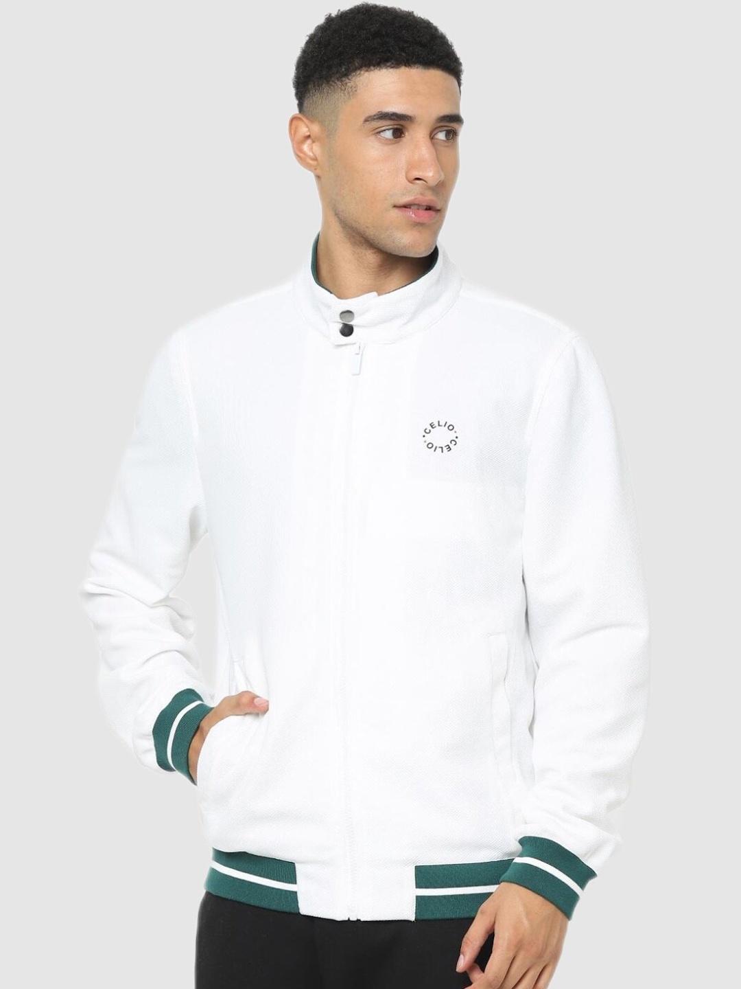 

Celio Men White Striped Cotton Sporty Jacket